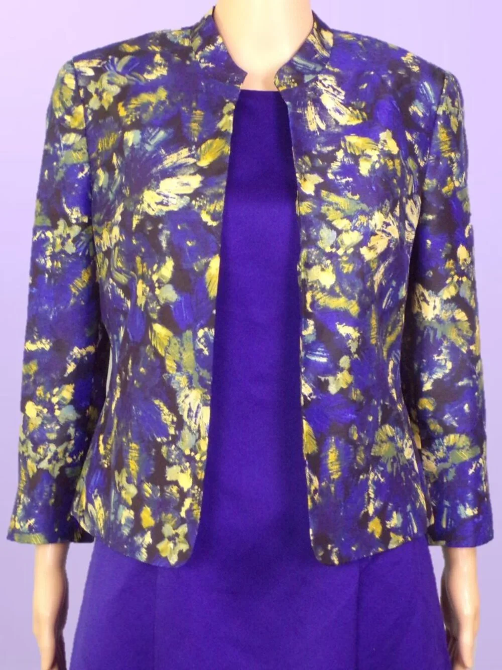 KASPER size 8 violet/green/yellow/black floral satin open-front blazer 100% poly